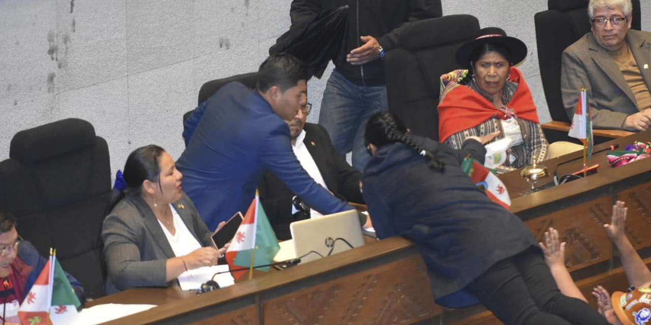 Una diputada ligada a Evo Morales se sube a la testera para impedir una sesión en Diputados.