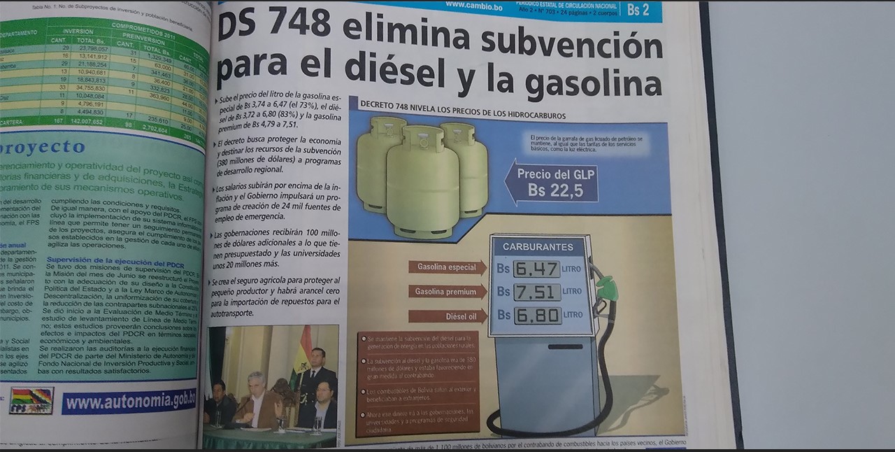 Evo Morales elevó en 82% el precio del diésel y en 72% para la gasolina como lo reflejó la prensa en 2010. Foto Ahora el Pueblo