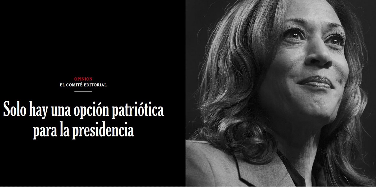 Portada de The New York Times en apoyo a Kamala Harris. Captura de pantalla