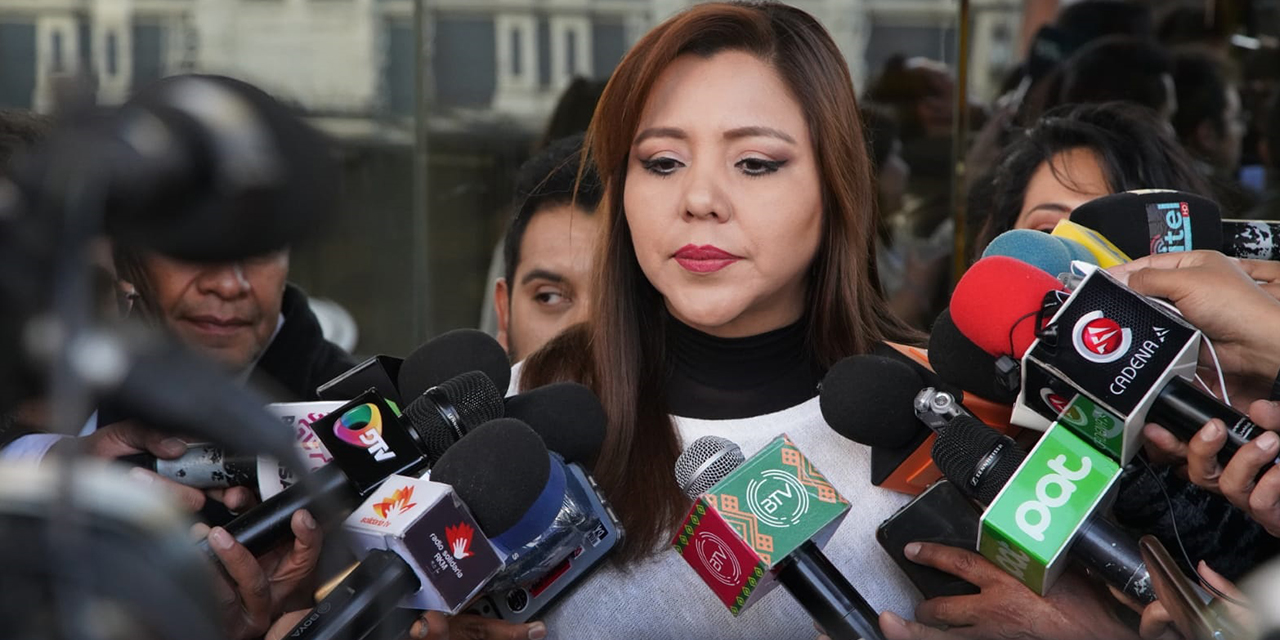 Viceministra de Comunicación, Gabriela Alcón, en conferencia de prensa en la Casa Grande del Pueblo, La Paz.