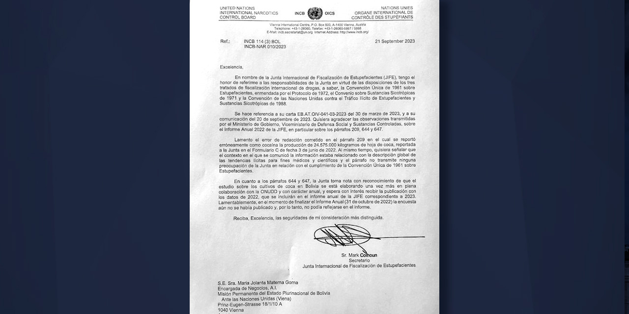 La carta de la JIFE firmada por su secretario, Mark Colhoun.