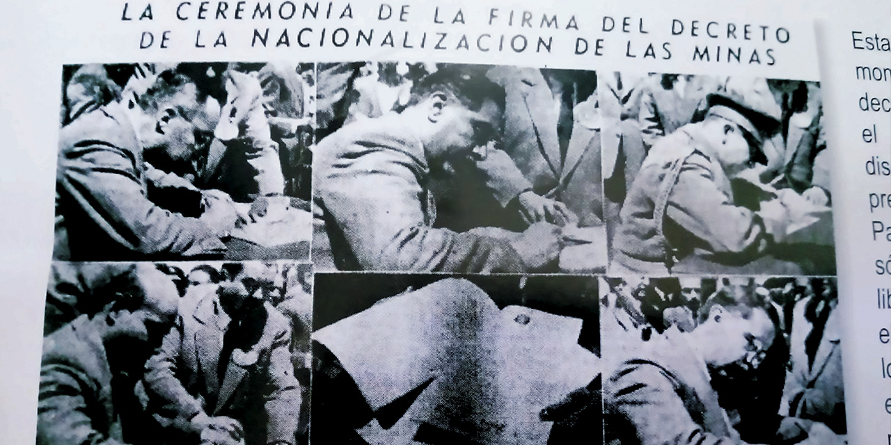 Firma del decreto de la nacionalización de las minas en 1952, un hito de los trabajadores mineros sindicalizados.