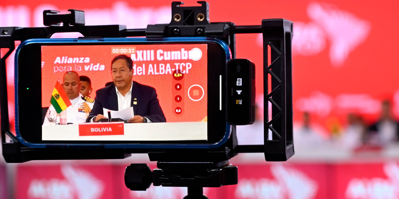 El presidente Luis Arce durante su intervención en la XXIII Cumbre de Jefes de Estado y de Gobierno del ALBA - TCP. Foto: Comunicación Presidencial