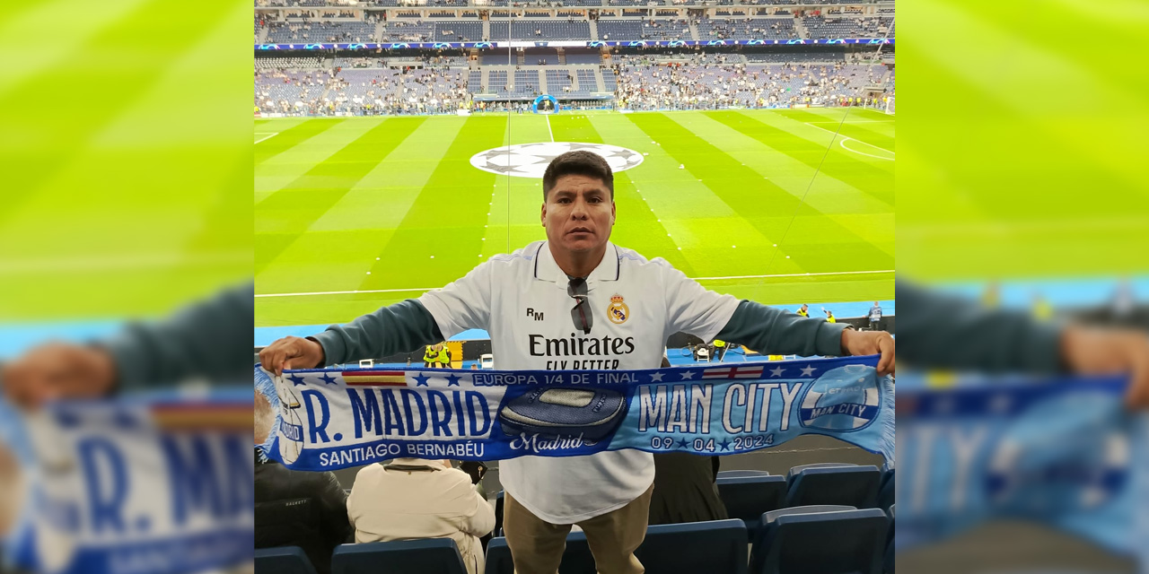 Leonardo Loza en las graderías del estadio del Real Madrid, Santiago Bernabéu.