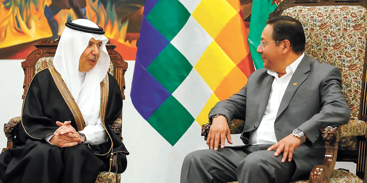 Faisal bin Ibrahim Ghulam, de Arabia Saudita, en conversación con el presidente Luis Arce. Foto: PRESIDENCIA