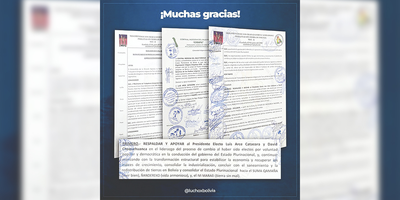 Documentos del Movimiento de Trabajadores Campesinos Indígenas Sin Tierra de Bolivia y de la Central Indígena del Bajo Paraguá de Santa Cruz. 