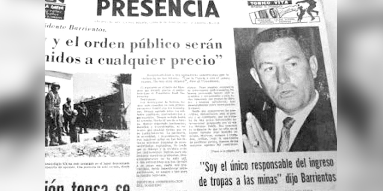 Portada del periódico Presencia cuando el presidente René Barrientos asumió la responsabilidad de la toma militar. | Foto: RRSS