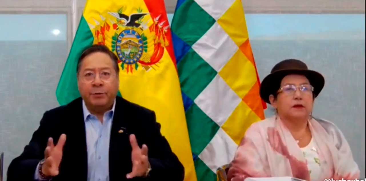 El presidente Luis Arce y la canciller Celinda Sosa participan de la XI Cumbre Extraordinaria del ALBA – TCP. Imagen: Captura RRSS.