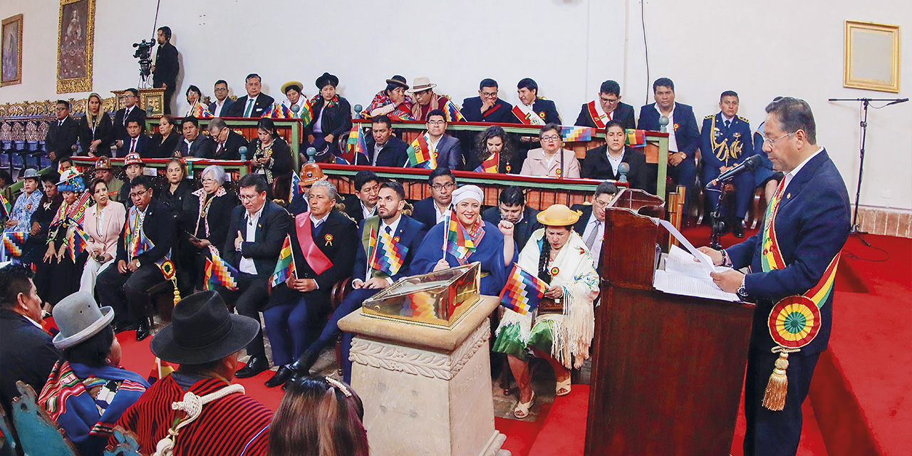 El presidente Luis Arce durante el mensaje en Sucre. | Foto: Presidencia