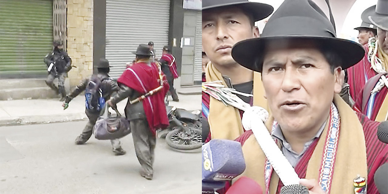 Campesinos afines a Evo Morales atacan a un efectivo policial, ayer en San Pedro.