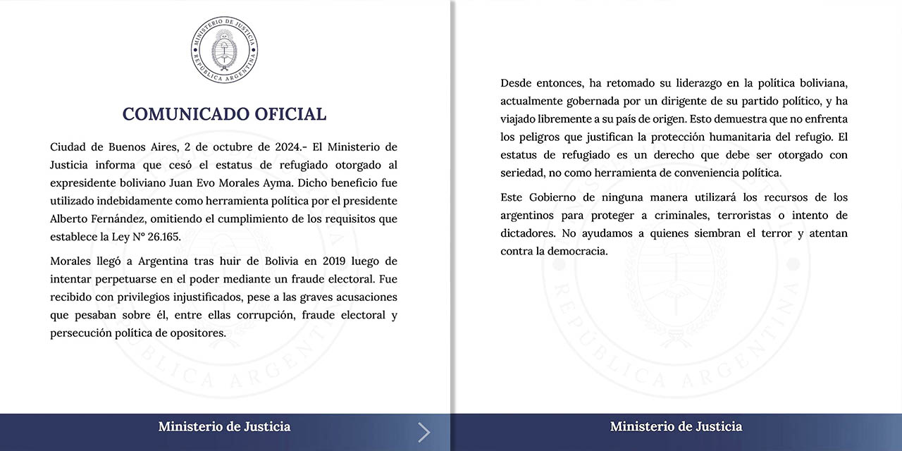 El comunicado del Ministerio de Justicia de Argentina. 