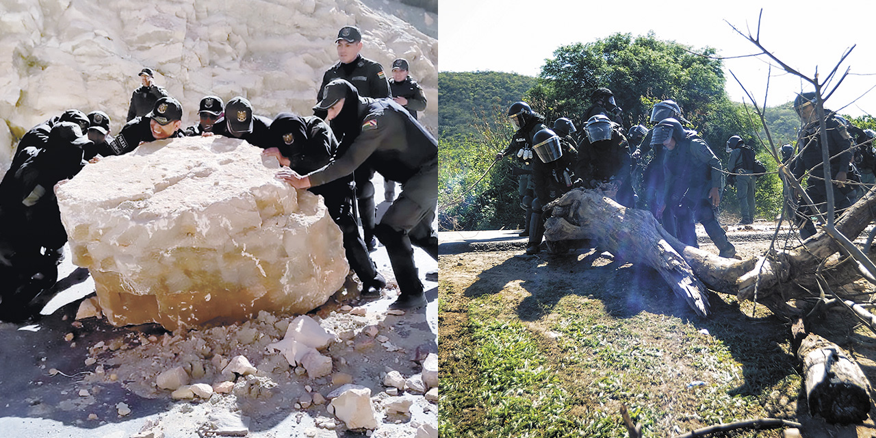 (izq) Efectivos levantan rocas en la vía a Parotani, Cochabamba.Efectivos levantan troncos de árboles en Mairana, Santa Cruz. (der)