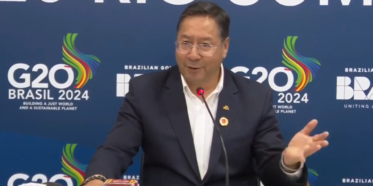 El presidente Luis Arce en la conferencia de prensa en Río de Janeiro, luego de participar de la sesión de la Cumbre del G20.