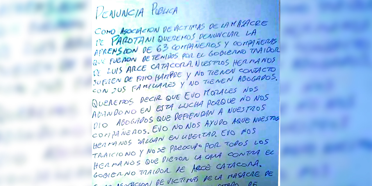 Carta de denuncia contra Morales de los bloqueadores de Parotani. Foto: ABI