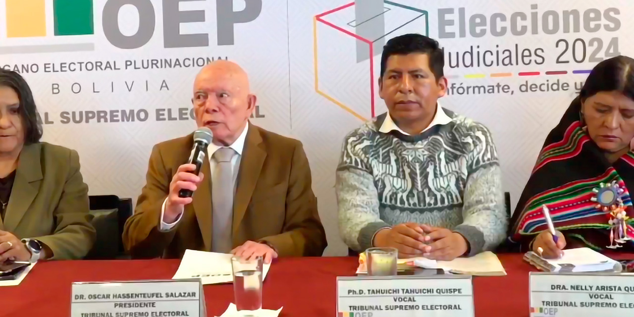 Sala plena del Tribunal Supremo Electoral con su presidente, Óscar Hassenteufel. Foto TSE