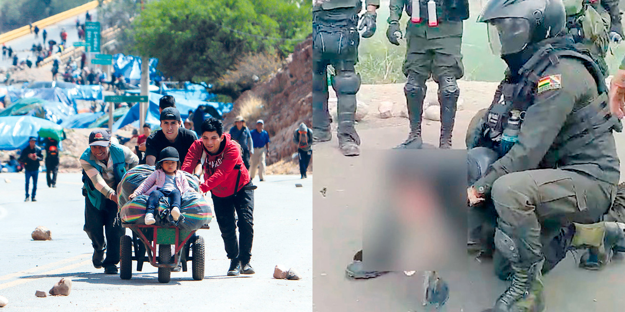 Las personas en una ruta bloqueada por los evistas. Bloqueadores hieren con dinamita a un policía en Parotani. Foto: ARCHIVO