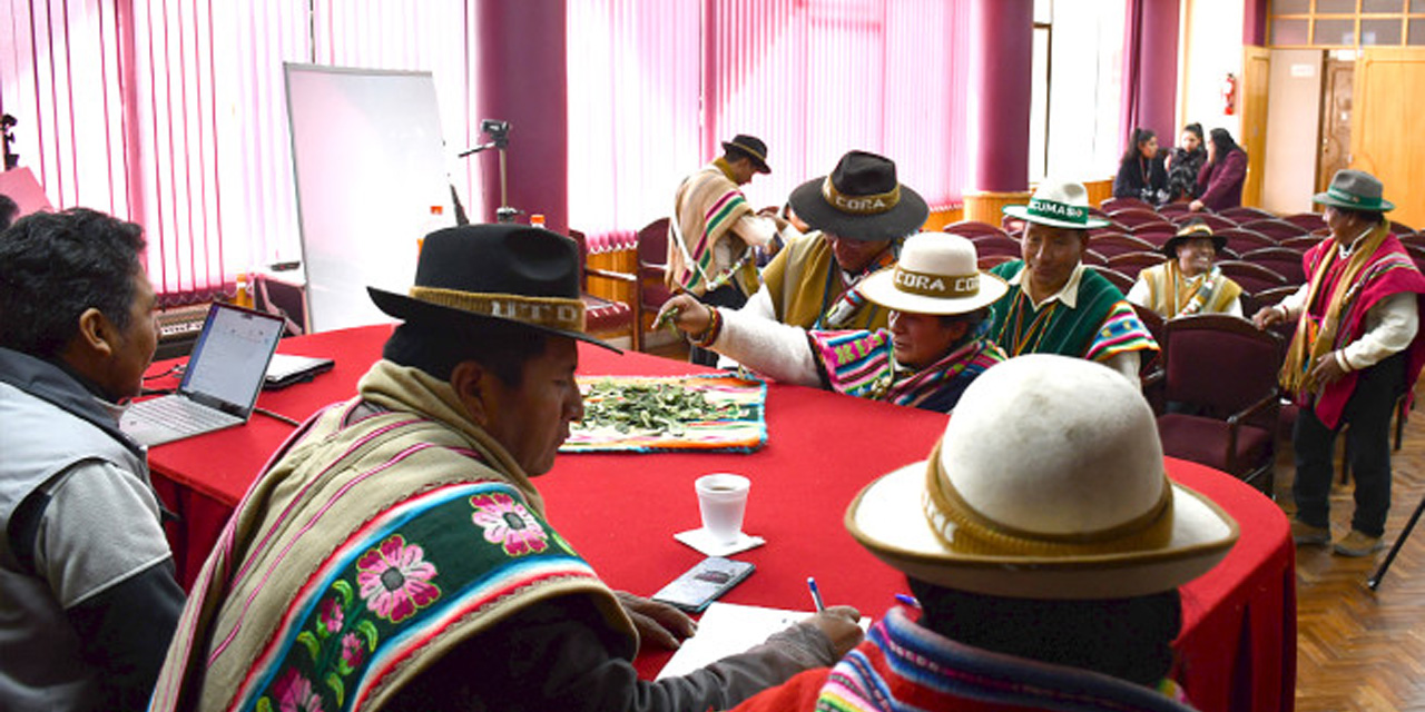 Las autoridades originarias del Consejo Supremo del Gobierno Autónomo Indígena Originario Campesino de Salinas. Foto: Fuente Directa