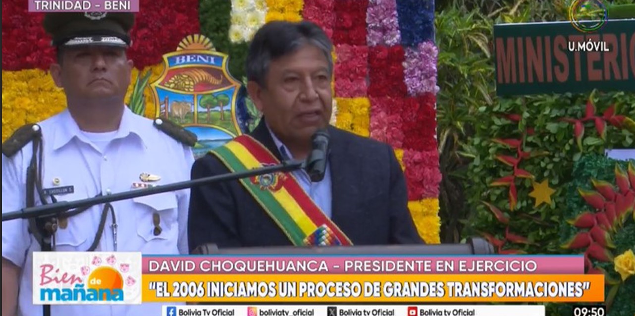 El presidente en ejercicio, David Choquehuanca, en Trinidad. Captura de pantalla BTV