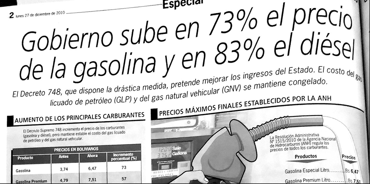 En 2010 los periódicos publicaron los precios de los carburantes dispuestos por Evo Morales. Foto Ahora el Pueblo